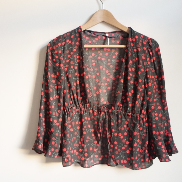 Free People Cherry Print Top Tie Front Bell Sleeve - Picture 2 of 4